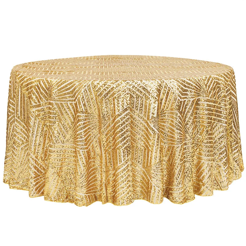 Geometric Glitz Art Deco Sequin Tablecloth 120" Round - Gold