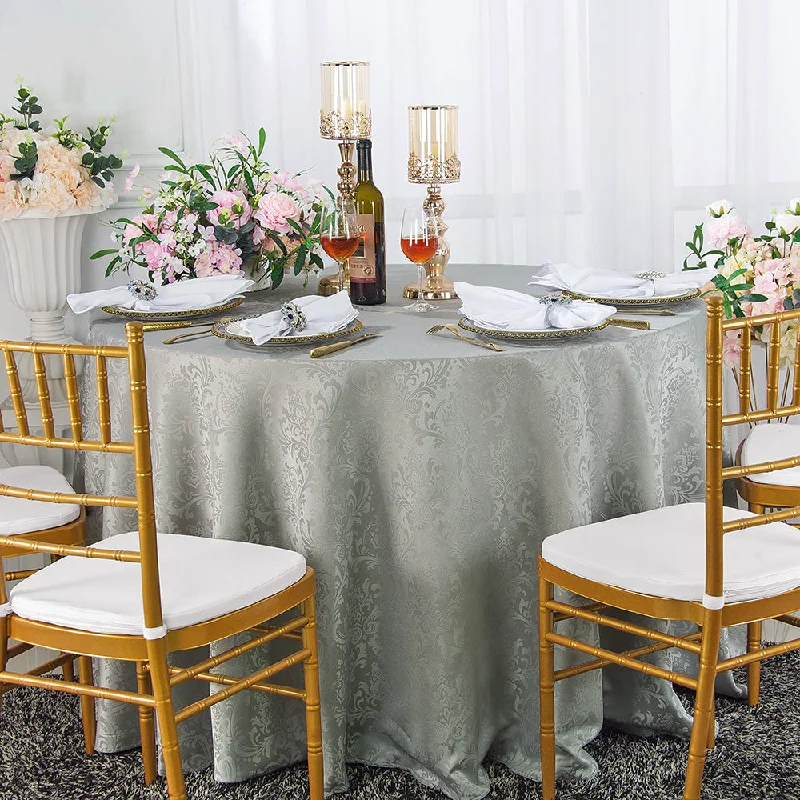 120" Seamless Round Floral Damask Jacquard Polyester (220 GSM) Tablecloth- Silver (1pc)