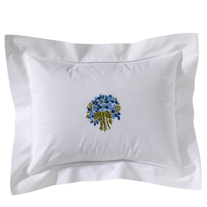 Boudoir Pillow Cover with Embroidered with Hem Stitch in Floral Bouquet Blue