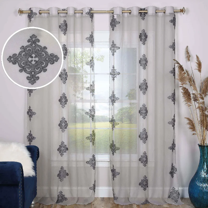 Traditional Embroidered Damask Sheer Grommet Curtain Panel Set