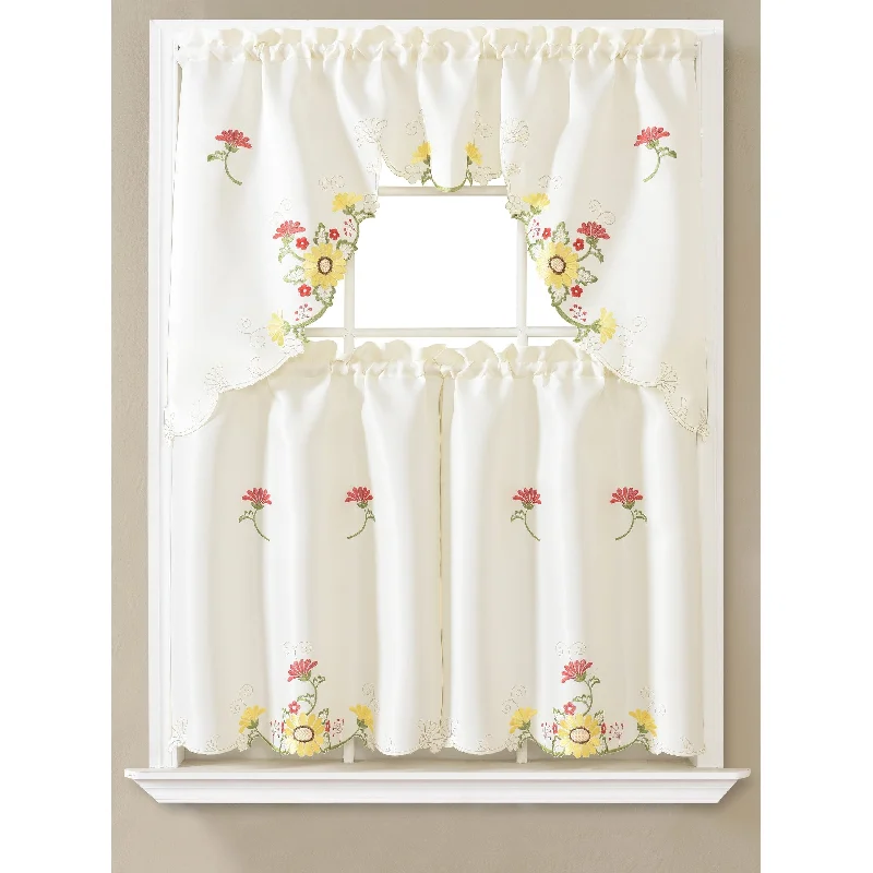 Daisy Floral Embroidered Kitchen Curtain Set with Valance & Tiers