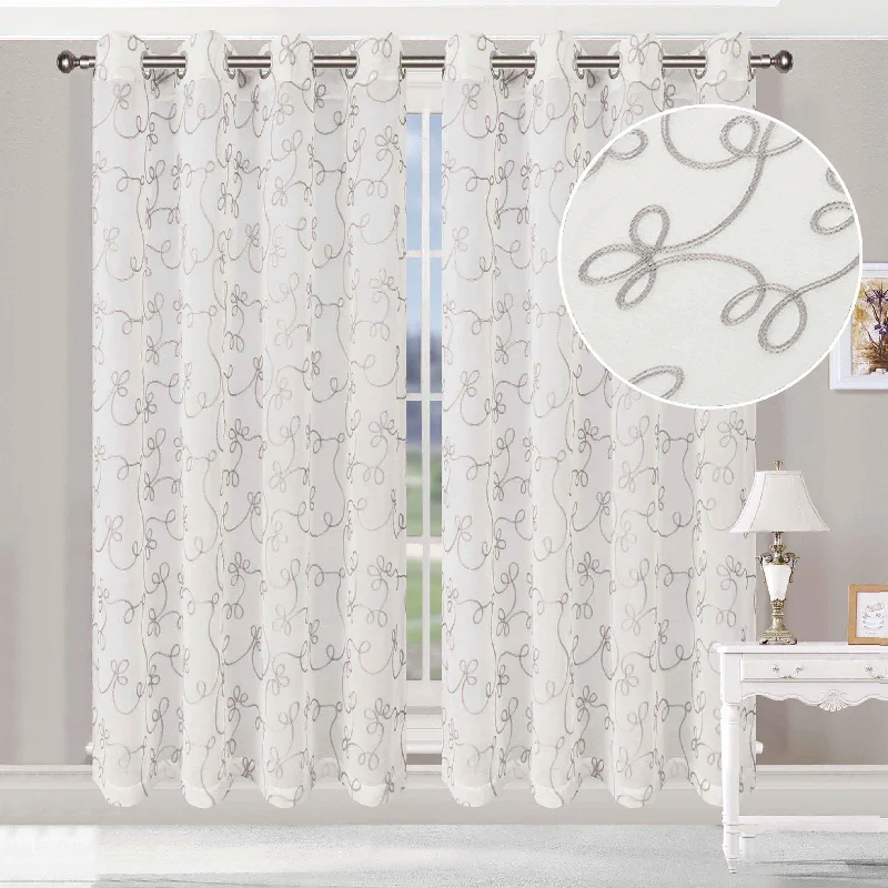 Traditional Embroidered Scroll Sheer Grommet Curtain Panel Set