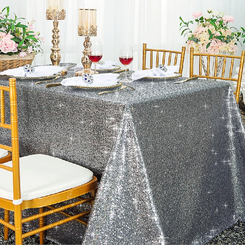 90"x132" Seamless Rectangular Sequin Taffeta Tablecloth - Silver (1pc)