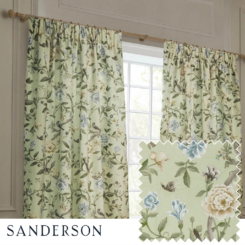 Porcelain Garden Printed Chenille Pencil Pleat Curtains Sage