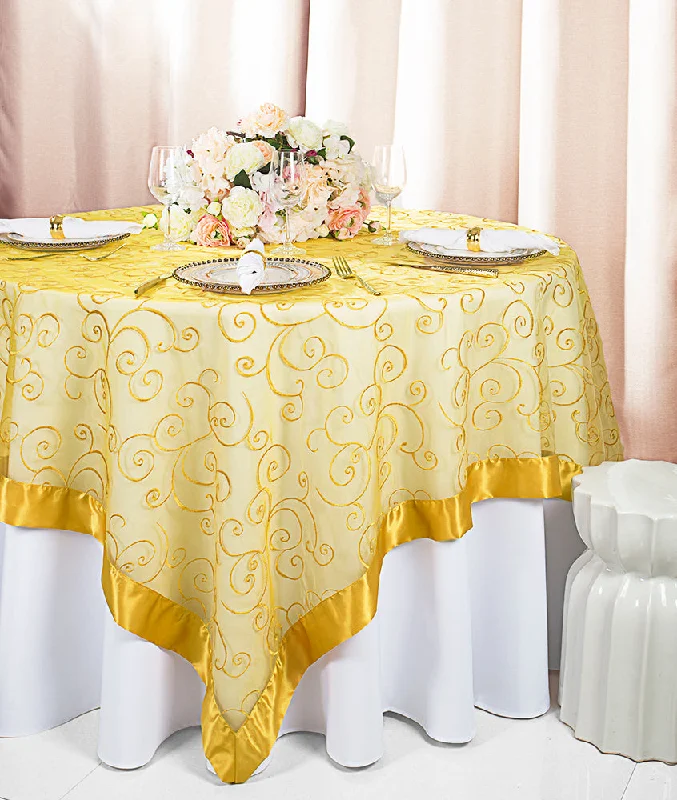 85"x85" Seamless Square Embroidered Organza Tablecloth/Table Overlay - Gold (1pc)