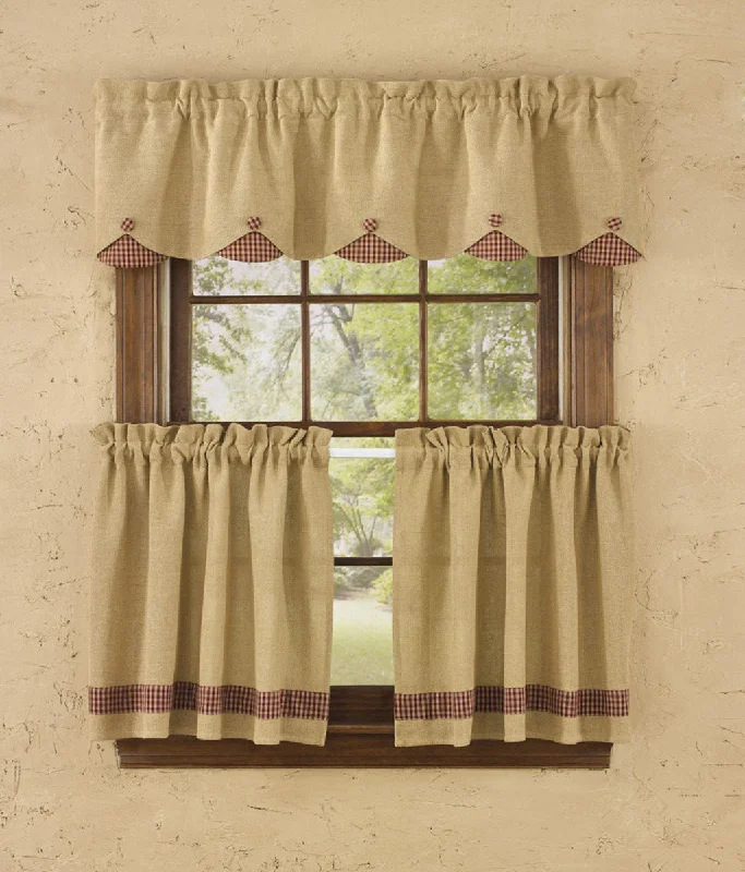 Burlap & Check Lined Valance - Scalloped Wine Park Designs